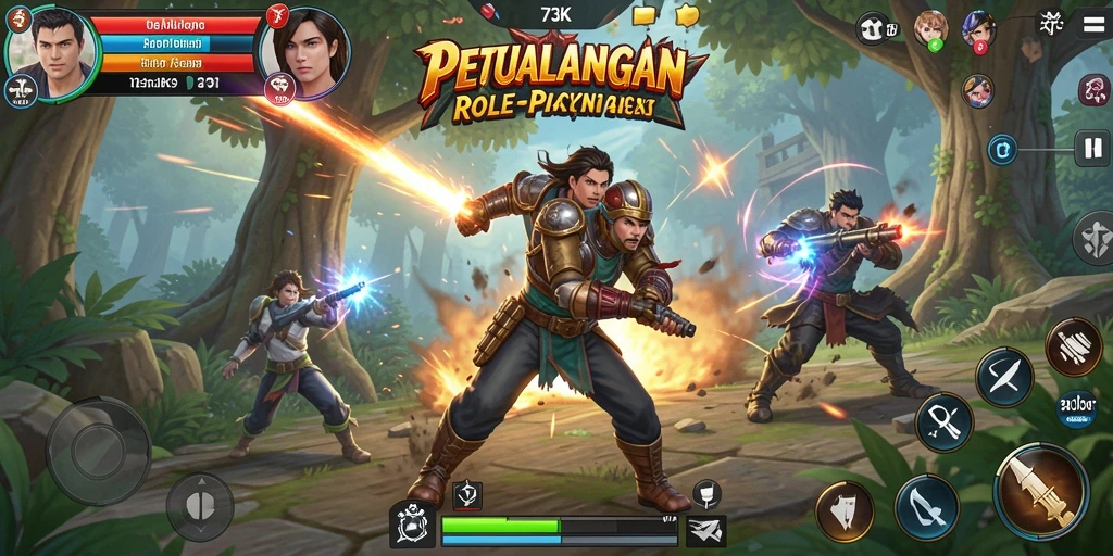 Tampilan gameplay 73K dengan pertarungan yang mengasyikkan dan grafis menawan.