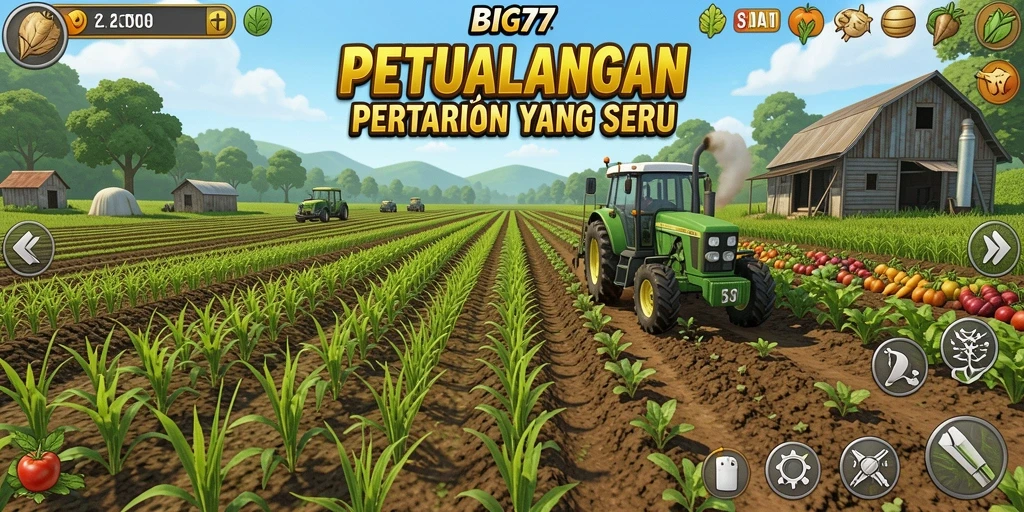 Screenshot gameplay <strong>BIG77</strong> menunjukkan ladang yang subur dengan tanaman beraneka ragam.