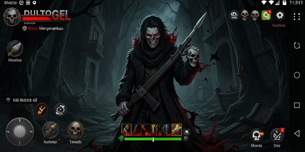 Screenshot gameplay DULTOGEL dengan suasana horor yang mencekam.