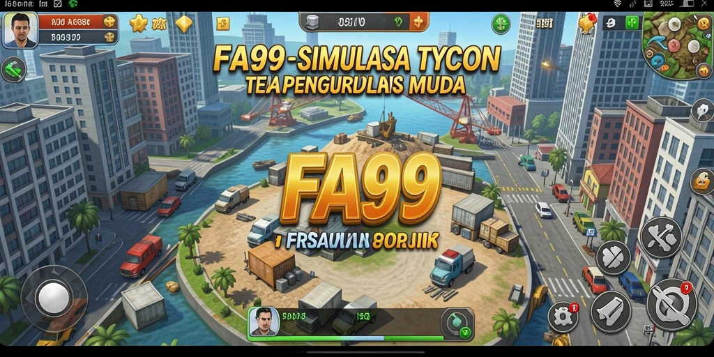 Tampilan gameplay FA99 yang menggambarkan strategi bisnis yang menantang.