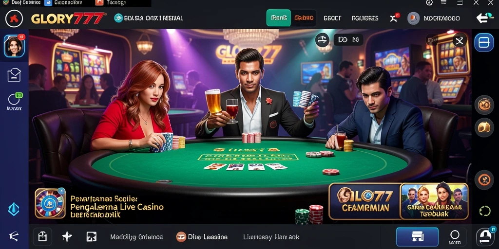 Screenshot GLORY777 menampilkan dealer profesional dalam sesi Live Casino yang mendebarkan.