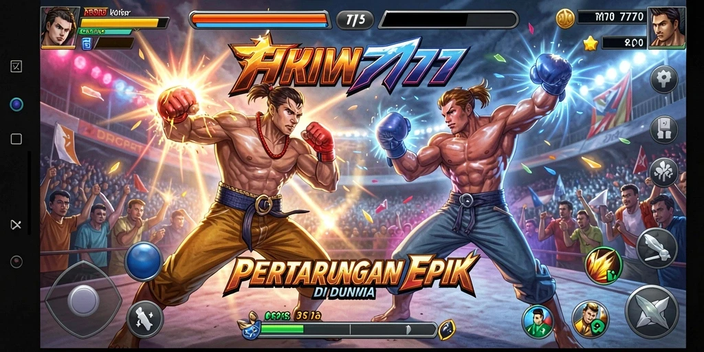 Screenshot utama HW777 menampilkan aksi pertarungan karakter yang penuh semangat.