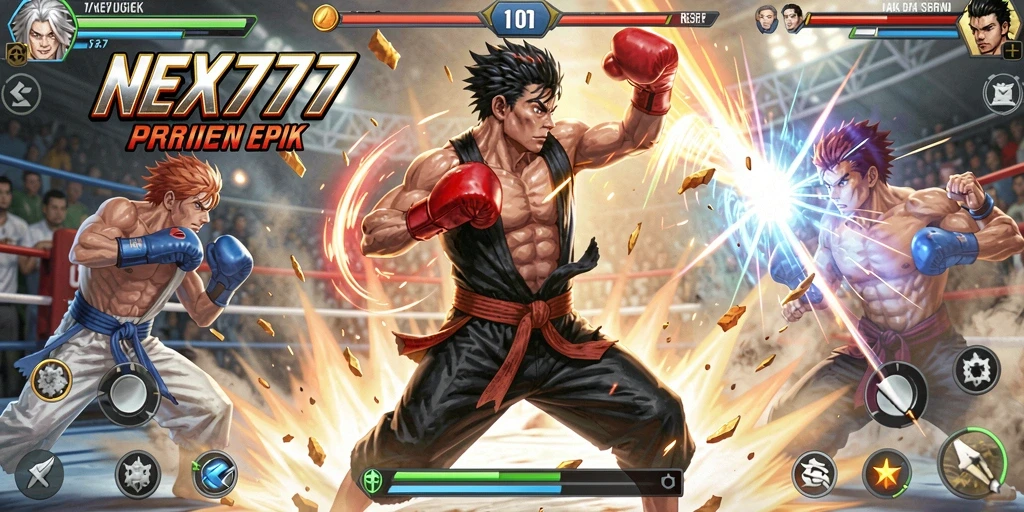 Screenshot gameplay NEX777 menampilkan pertarungan seru antar karakter.
