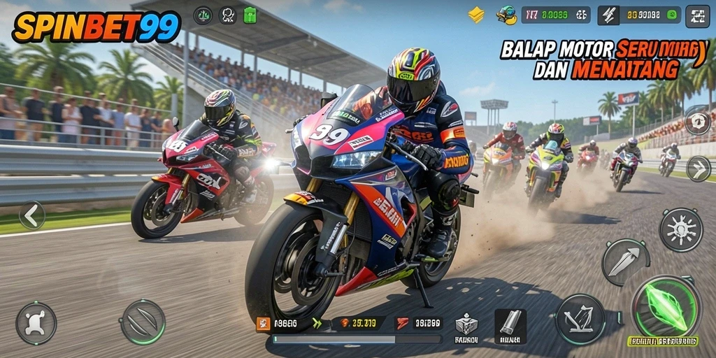 Tampilan gameplay SPINBET99 dengan aksi balapan motor yang menegangkan.